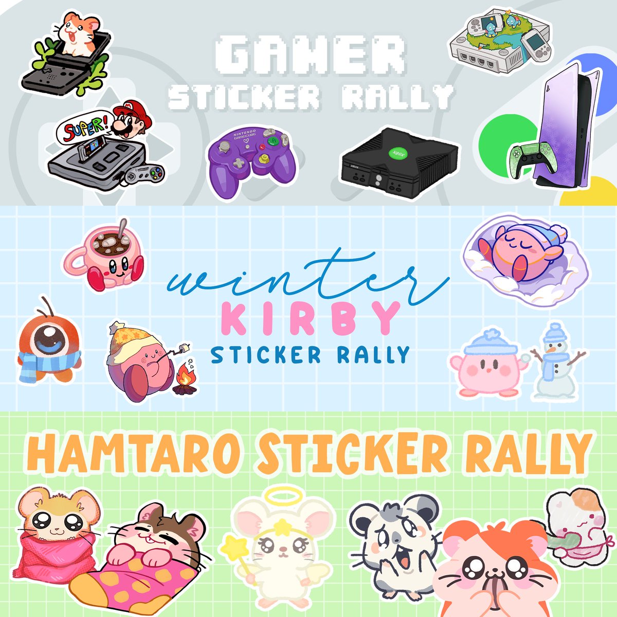 Hi everyone! It's rally time again~ I'll be hosting sticker rallies for F1, Gaming, Kirby and Hamtaro at Animaga this year! You can find me at C11 to start 😄 It will cost $3 to join any single rally or $5 for any two ❤️