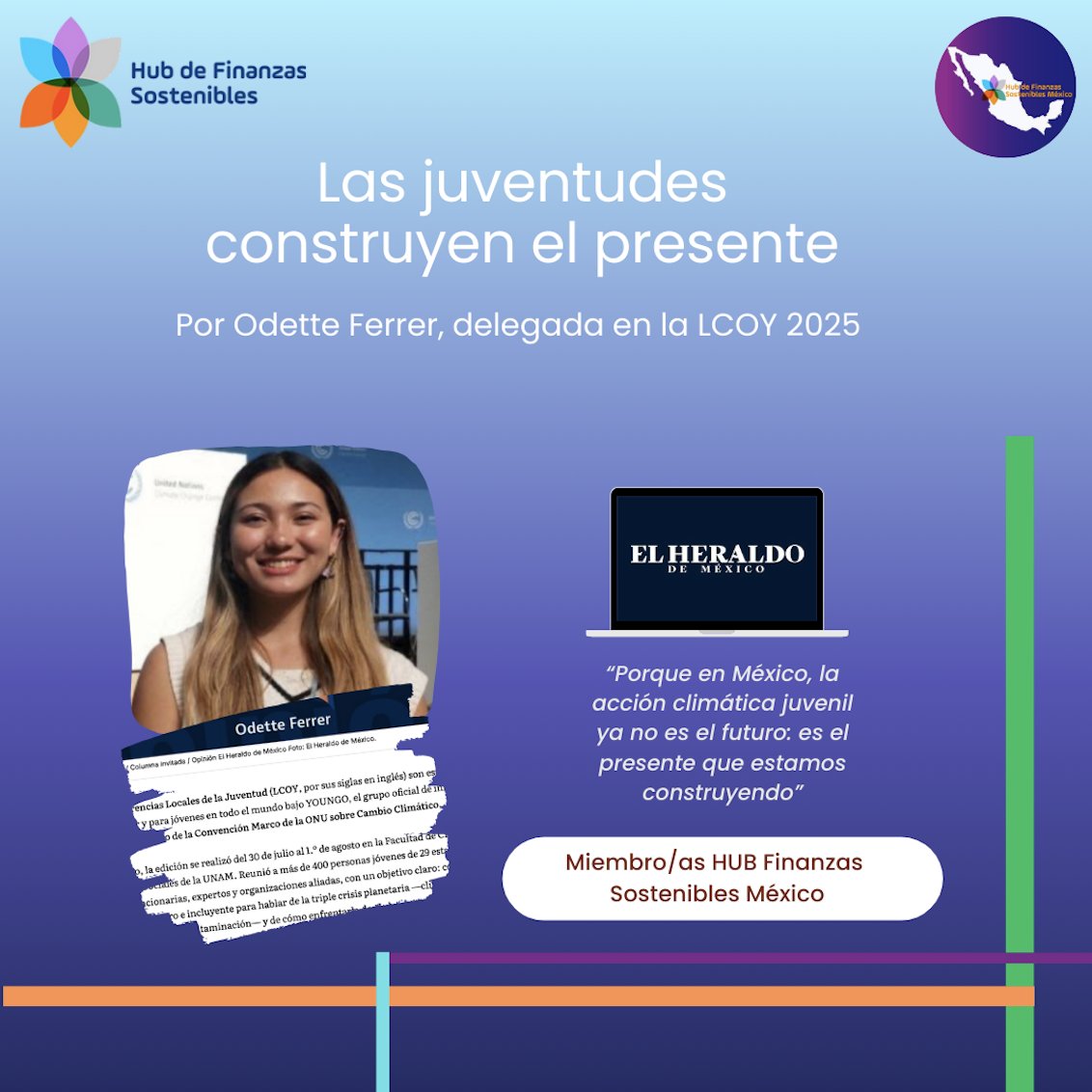 "La acción climática juvenil ya no es el futuro: es el presente [...]".

Descubre la más reciente entrada de la joven delegada y nuestra miembro en el <a href="/HubFinanzasSMX/">Hub de Finanzas Sostenibles México 🇲🇽</a> 🇲🇽, <a href="/odette_ferrer/">Odette Ferrer</a> por motivo de su participación en el #LCOY <a href="/LcoyMx/">LCOY_MX</a> 2025 en la Cdmx
👉lnkd.in/gz7yJYt