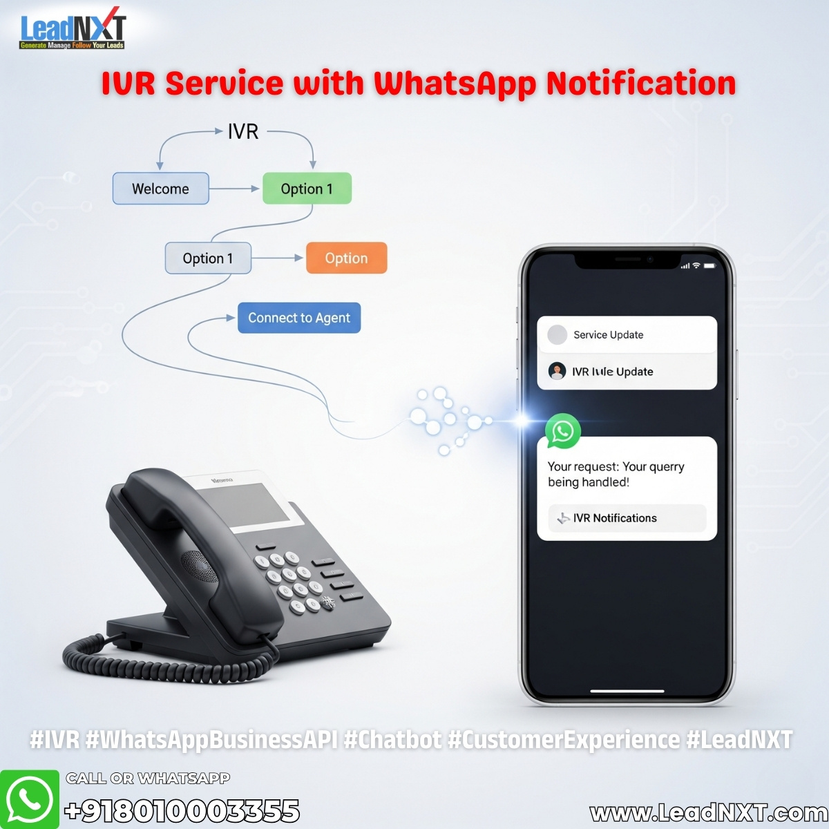 LeadNXT1's tweet image. Smarter 𝗖𝘂𝘀𝘁𝗼𝗺𝗲𝗿 𝗘𝗻𝗴𝗮𝗴𝗲𝗺𝗲𝗻𝘁 𝘄𝗶𝘁𝗵 𝗟𝗲𝗮𝗱𝗡𝗫𝗧!

Transform the way you connect with your customers today 𝗖𝗮𝗹𝗹 𝗼𝗿 𝗪𝗵𝗮𝘁𝘀𝗔𝗽𝗽 +𝟵𝟭𝟴𝟬𝟭𝟬𝟬𝟬𝟯𝟯𝟱𝟱.
#IVR #WhatsAppBusinessAPI #Chatbot #CustomerExperience #LeadNXT