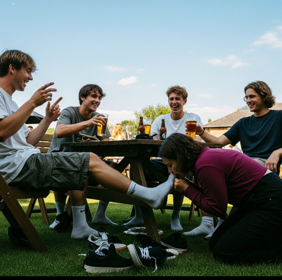 Nothing beats being at the pub with your mates…

especially when your girlfriend’s the one licking your socks—and theirs too.