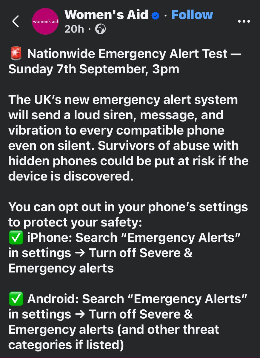 ephemeral1107's tweet photo. Warning to those who have a hidden phone for safety reasons or such: the #NationalEmergencyAlert is due to be tested on Sunday 7th Sept at 3pm.
If you have a hidden phone it will vibrate and sound a siren for 10 seconds.
Switch it off or put it somewhere it can’t be heard. https://t.co/WQrX616edw