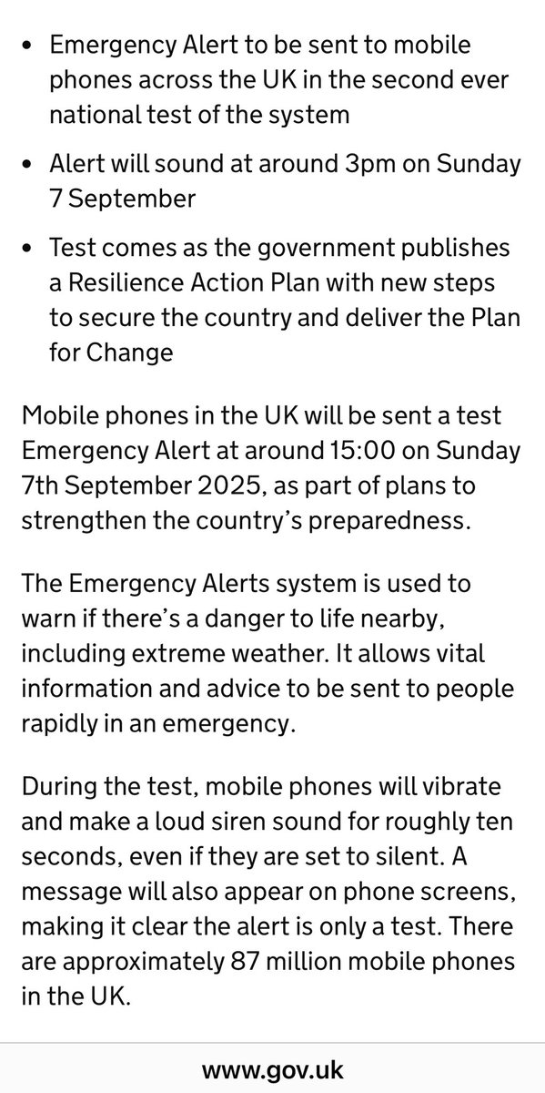 ephemeral1107's tweet photo. Warning to those who have a hidden phone for safety reasons or such: the #NationalEmergencyAlert is due to be tested on Sunday 7th Sept at 3pm.
If you have a hidden phone it will vibrate and sound a siren for 10 seconds.
Switch it off or put it somewhere it can’t be heard. https://t.co/WQrX616edw