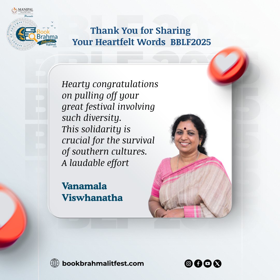 We’re deeply grateful for the heartfelt words from #VanamalaViswhanatha.
Having you at #BBLF2025 was truly an honor. 💖 Your support and kind feedback mean so much to us, and we can’t wait to see you again!

#BookBrahmaLiteratureFestival2025 #LiteratureFestival