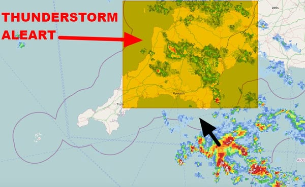Morning all, we are issuing a Thunderstorm Alert for mid-north and east Cornwall. Severe lightning, heavy rain, hail, and gusty winds are possible, Jeff Weather Cornwall   First will weather updates for Cornwall  <a href="/CHBNRadio/">CHBN Radio</a> <a href="/RewindCornwall/">Cornwall’s Rewind Radio</a> <a href="/BBCCornwall/">BBC Cornwall</a>