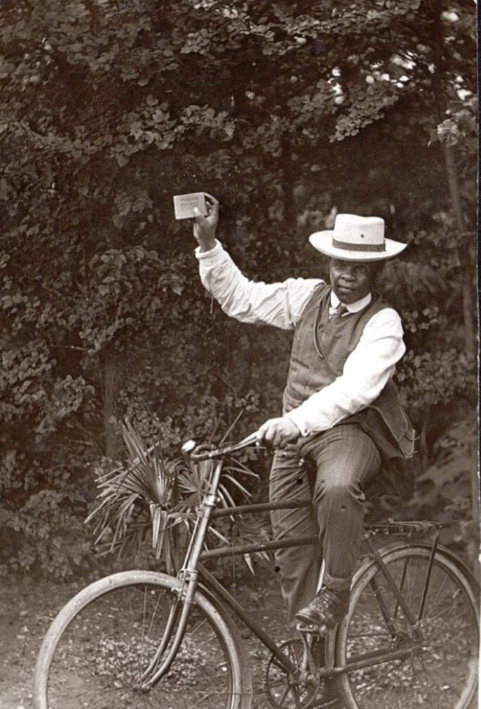 Sol T Plaatje embarking on a journey across rural South Africa to investigate the impact of the 1913's Land Act using a bicycle. His findings were published in his 1916 book "Native Life in South Africa".