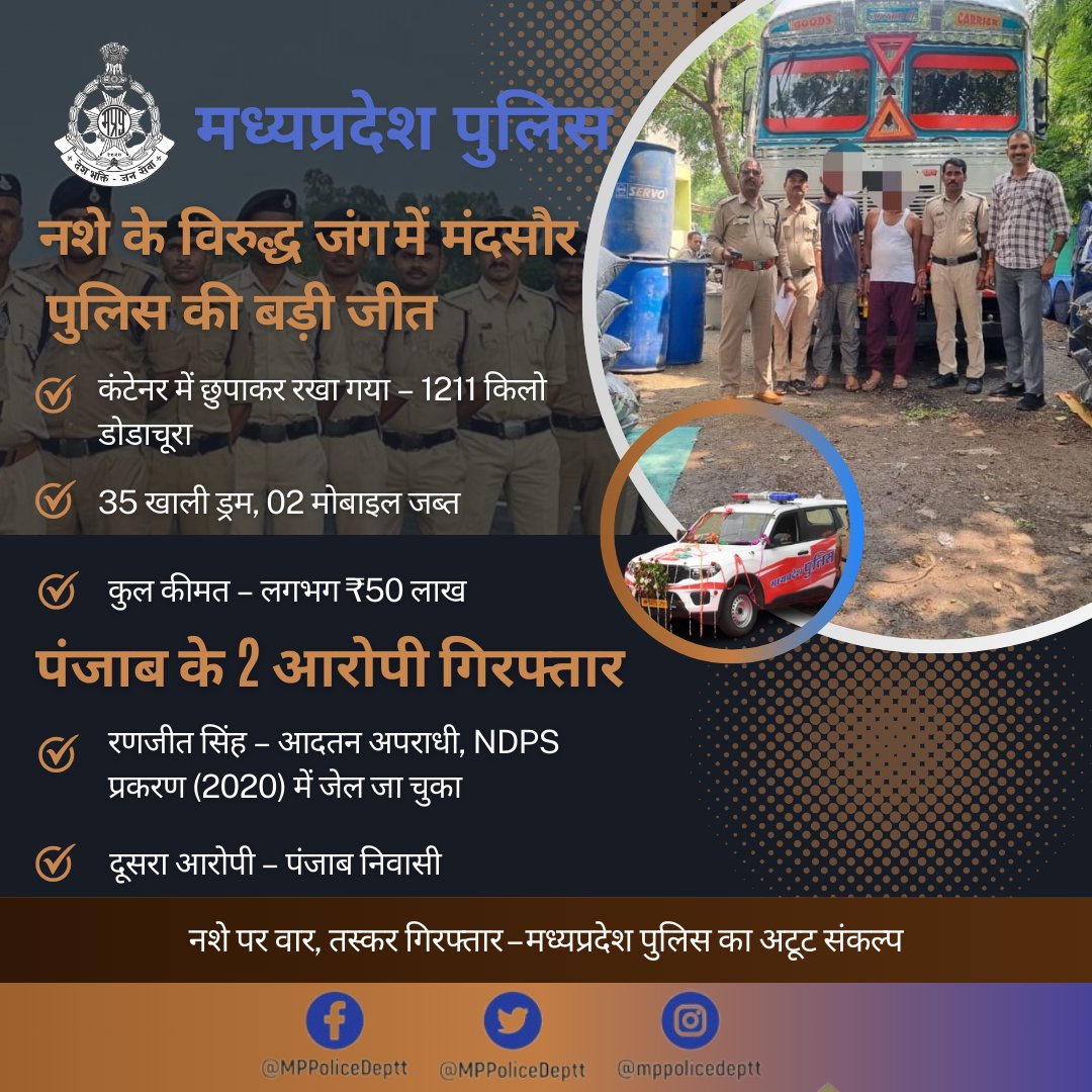 💐 नशे के खिलाफ मन्दसौर पुलिस की सशक्त कार्यवाही 👏
---
टीम को हार्दिक बधाई व शुभकामनाएँ।
#MPPolice