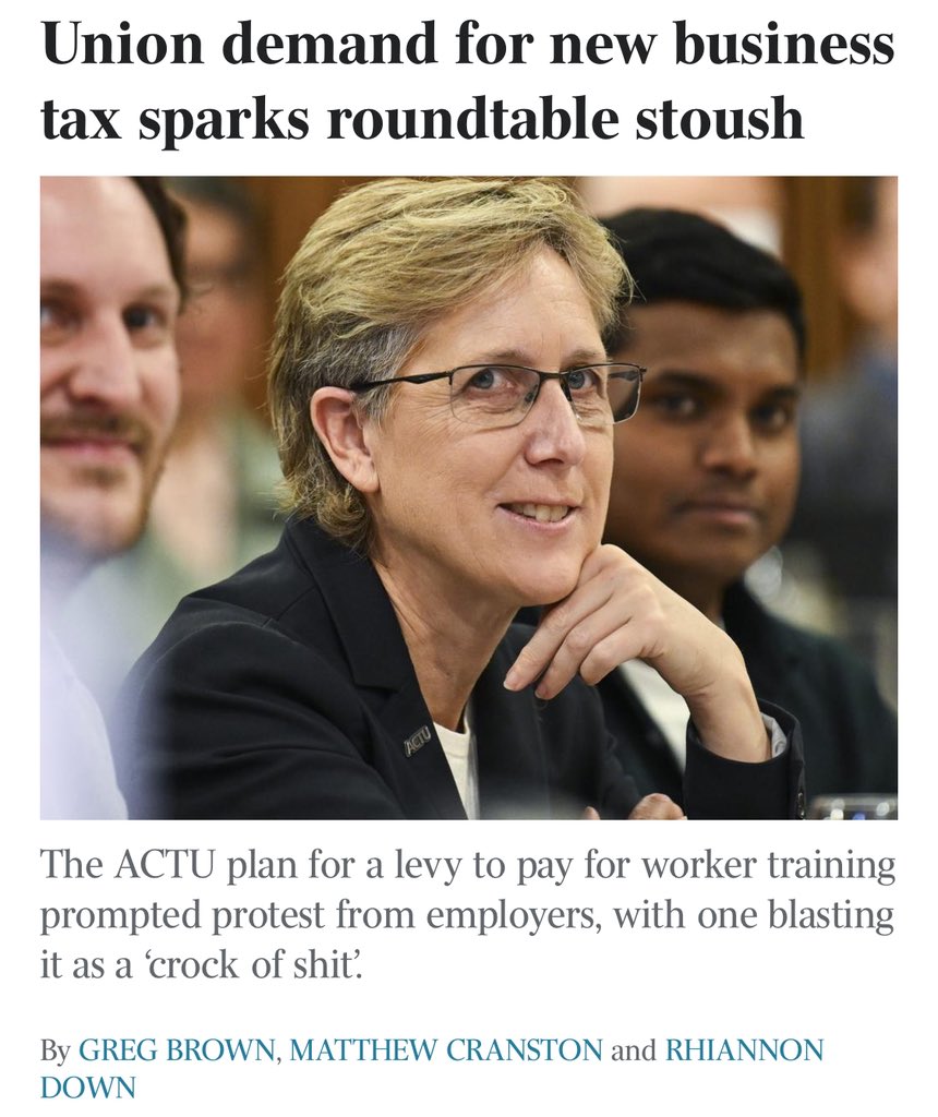 RositaDaz48's tweet photo. 'Crock of shit': Union demand for new tax on business blasted
#GregBrown
#MatthewCranston
#RhiannonDown
Union leaders have used the first day of the economic reform roundtable to push for a new tax on business to pay for training workers, prompting a protest from employers with one labelling it a “crock of shit”.
The first stoush during the roundtable comes amid signs of consensus on several issues, including cutting “nuisance” tariffs, improving the co-ordination between industry and training institutions, and offering better career guidance to students.
Business Council of Australia chief executive Bran Black said employer groups at the roundtable rejected the push for a levy on employers to contribute to the cost of training workers.
“There was a proposition that was put forward in terms of particular levies that should be raised on employers in terms of the provision of skill sets,” Mr Black said.
“From a business perspective, we just don’t see that taxing the business community is the right way to deliver the outcomes that Australia needs.”
Mr Black said there instead needed to be government-funded incentives to encourage business to train workers and take on apprentices.
The Australian understands representatives from other major business groups spoke out against the ACTU’s proposal during the roundtable meeting in the cabinet room at Parliament House in Canberra.
Australian Industry Group chief executive Innes Willox said the idea was a “crock of shit”.
“They tried to do this in the 1990s and it didn’t work. The Productivity Commission also did work on this and they said it didn’t work. Nobody saw where the money went,” he said.
Mr Willox predicted that if such a levy would go ahead the number of apprentices that business was hiring would “halve”.
Master Builders Australia chief executive Denita Wawn – who is not at the roundtable – said another levy on business “won’t magically create more tradies”.
“We’ve had training levies in states and EBAs for years and the skills crisis has only gotten worse,” she said.
“Throwing more money into a broken system is lazy policy. If governments are serious about fixing the skills shortage, they should back employers with real incentives to take on apprentices, not slug them with yet another tax.”