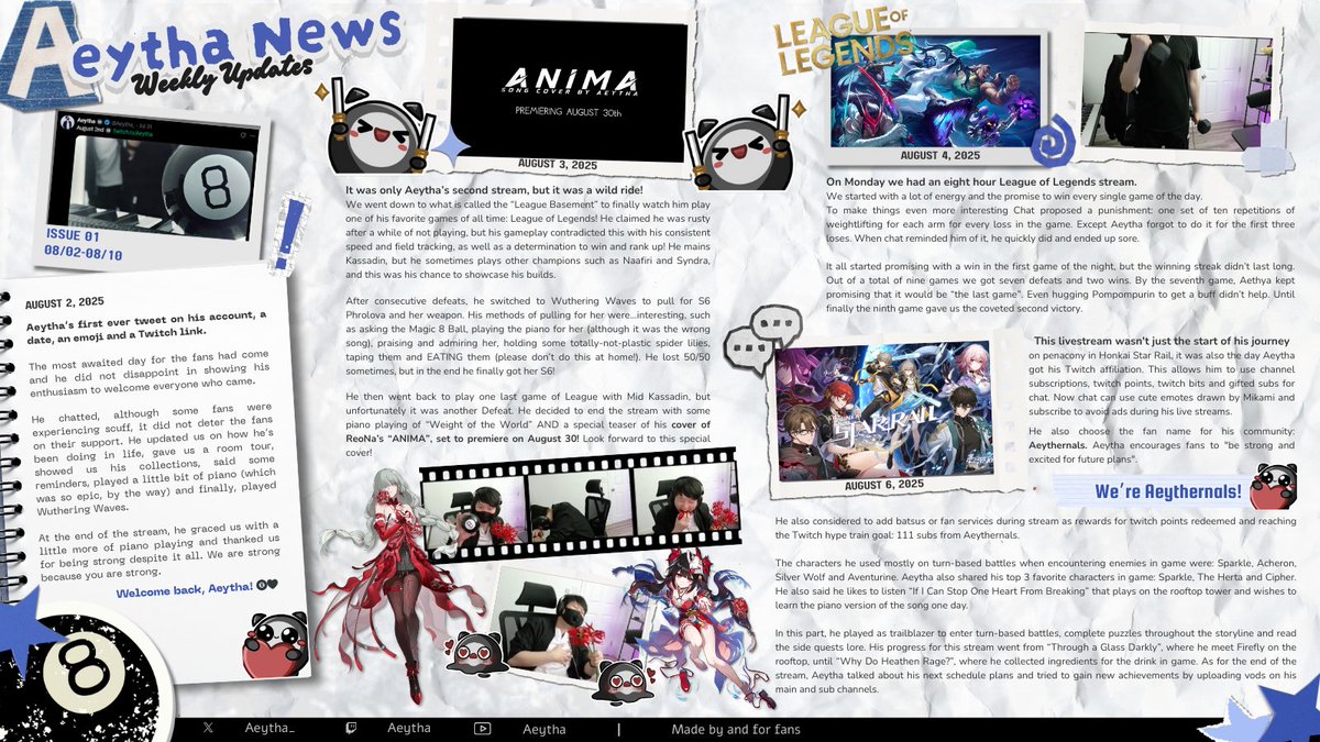 TheAeythBell's tweet photo. [1/3] Hewwo Aeythernals🎱🖤 📢

The very first Aeytha News Weekly Updates just rolled in!

Week 1, Issue 01: Aug 02 - Aug 10 2025 ⬇️ https://t.co/n0AWKGuZe3