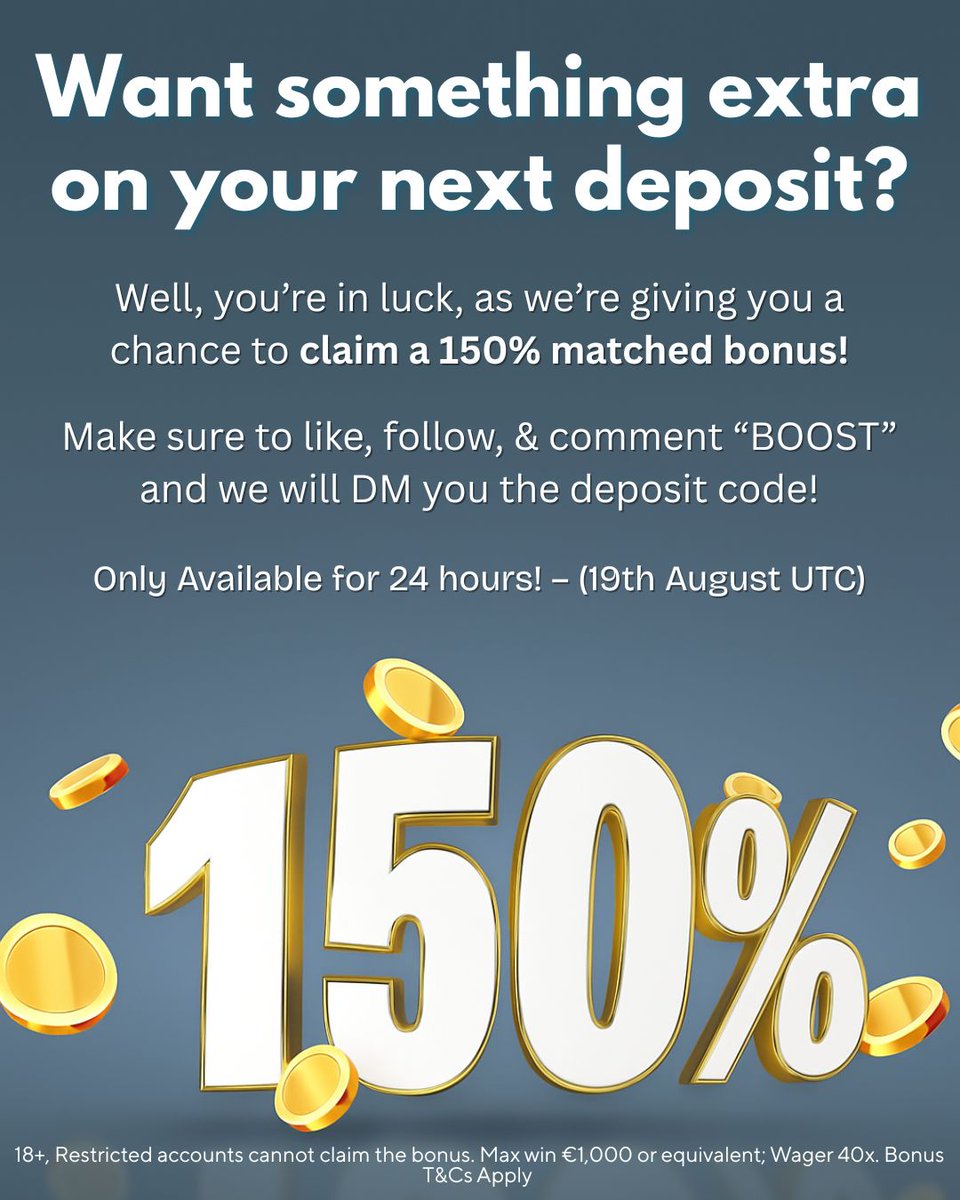 clubhousecasino's tweet photo. 🚨 150% BONUS incoming!
Deposit boost available for 24 HOURS only – 19th August 💰
LIKE, FOLLOW & COMMENT “BOOST” and we’ll DM you the code 🚀
18+ | Max win €1,000 | Wager 40x | T&Cs apply.
#MatchedBonus #150PercentBonus #CasinoMatchBonus #BonusCash #TopUpBonus https://t.co/MYFMVGGZ8B