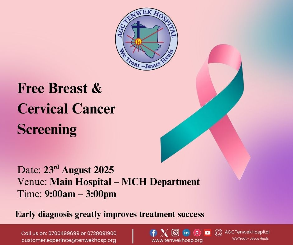 This Saturday, 23rd August, we will be offering 𝐅𝐫𝐞𝐞 𝐁𝐫𝐞𝐚𝐬𝐭 &amp; 𝐂𝐞𝐫𝐯𝐢𝐜𝐚𝐥 𝐂𝐚𝐧𝐜𝐞𝐫 𝐒𝐜𝐫𝐞𝐞𝐧𝐢𝐧𝐠 𝐚𝐭 𝐨𝐮𝐫 𝐌𝐚𝐢𝐧 𝐇𝐨𝐬𝐩𝐢𝐭𝐚𝐥 𝐌𝐂𝐇 𝐟𝐫𝐨𝐦 𝟗:𝟎𝟎𝐚𝐦 𝐭𝐨 𝟑:𝟎𝟎𝐩𝐦. 
Let’s look out for each other, because health is a gift worth sharing.
