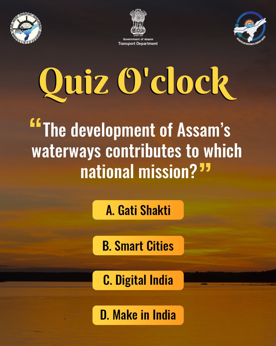 AssamWater's tweet photo. Assam’s waterways boost which national mission?
Comment your answer below!
#QuizTime #AssamWaterways #GatiShakti #SmartTransport #WaterwaysOfIndia
@himantabiswa @JogenMohanAssam @AdilKhan_IAS @advkyadav @mygovassam @CMOfficeAssam @diprassam @IWAI_ShipMin @WorldBank https://t.co/sZXtovcBBD