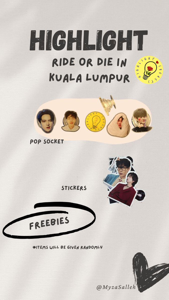Freebies for MYBYULIGHT for RIDE OR DIE IN KL. Pop socket and stickers. 💡🌹

💙 One each
💛 Will be given randomly (blind pack) 
💚 Limited quantity 
💜 DM to trade 

#HIGHLIGHTinKL #HIGHLIGHTinMY #HIGHLIGHT #BEAST #RIDE_OR_DIE_IN_KL