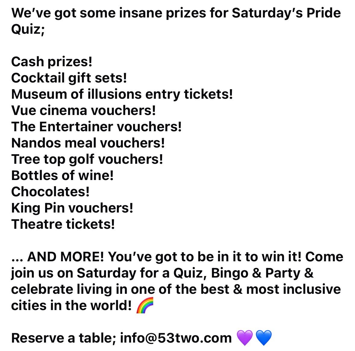 53two's tweet image. Saturday is #Quiz time &amp;amp; the doctor is back in the house… WITH EVEN MORE PRIZES!! @DrQ2U has it all… 

Come celebrate #Pride, help raise money for 53two &amp;amp; get your party vibes on with the best, most exciting #PubQuiz in town! 🌈 

Reserve; info@53two.com 💙💜

#Mcr #Manchester