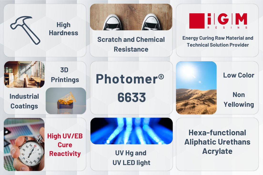We are pleased to announce Photomer® 6633, our latest advancement in aliphatic urethane acrylate technology. Photomer® 6633 offers low color, excellent UV/EB cure reactivity, strong yellowing resistance, 

igmresins.com/en/product/pho…