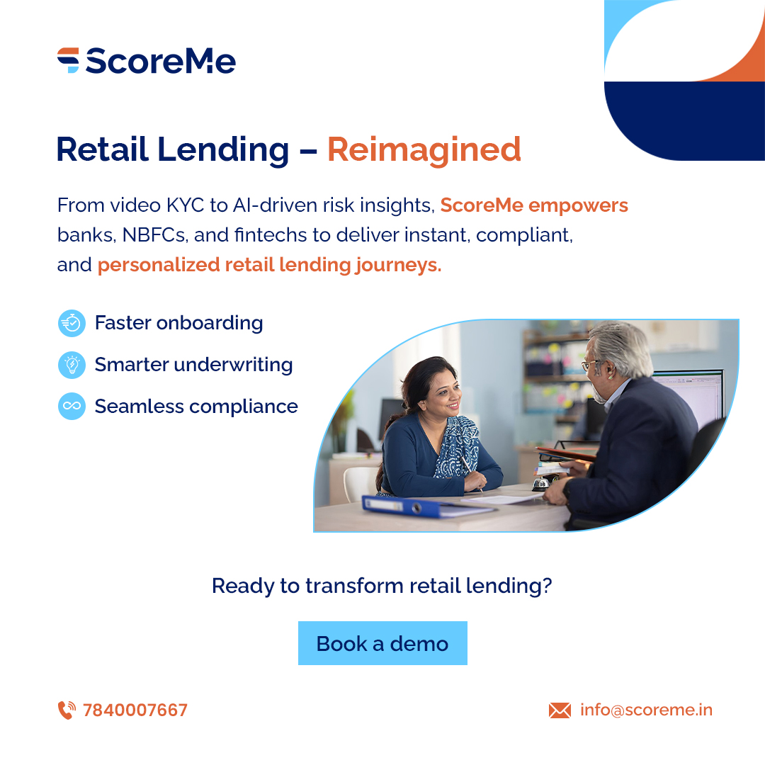 ScoremeSolution's tweet image. Retail lending needs speed, security & personalization.
ScoreMe delivers all three. From AI-driven credit insights to e-Sign enabled digital journeys—lenders can scale faster & lend smarter with confidence.
Book a demo: scoreme.in
#retaillending #scoremesolutions