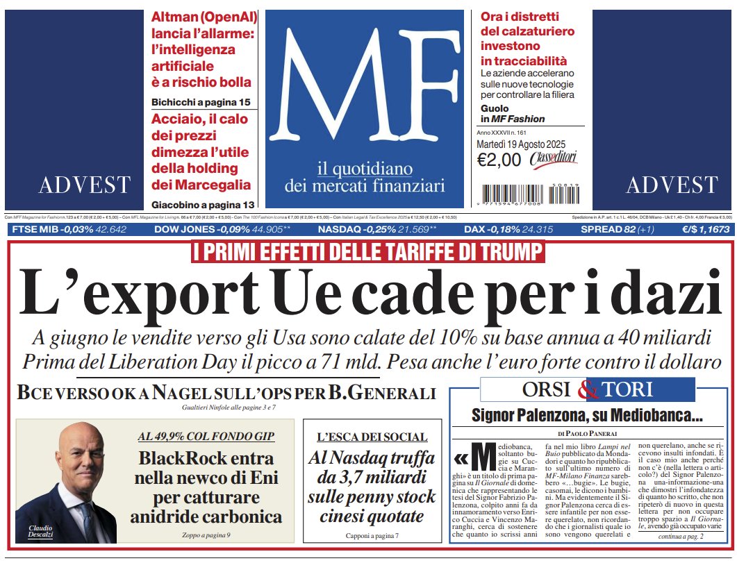 classcnbc's tweet photo. La rassegna stampa di Caffè Affari - 18 agosto

Le borse sperano in Fed e pace; Spread Italia-Francia sotto i 10 punti; Scacco a Mediobanca: Delfin consegnerà il 20% prima dell’assemblea; Deficit sotto il 3% nel 2025, in aiuto il calo dello spread; Il dilemma di #Zelensky: congelare il conflitto in Ucraina in cambio della sicurezza; #Trump promette di aiutare Kiev; Il messaggio di #Putin: bombe sui civili

Con @Simofausti: https://t.co/vUWcoqlZYq