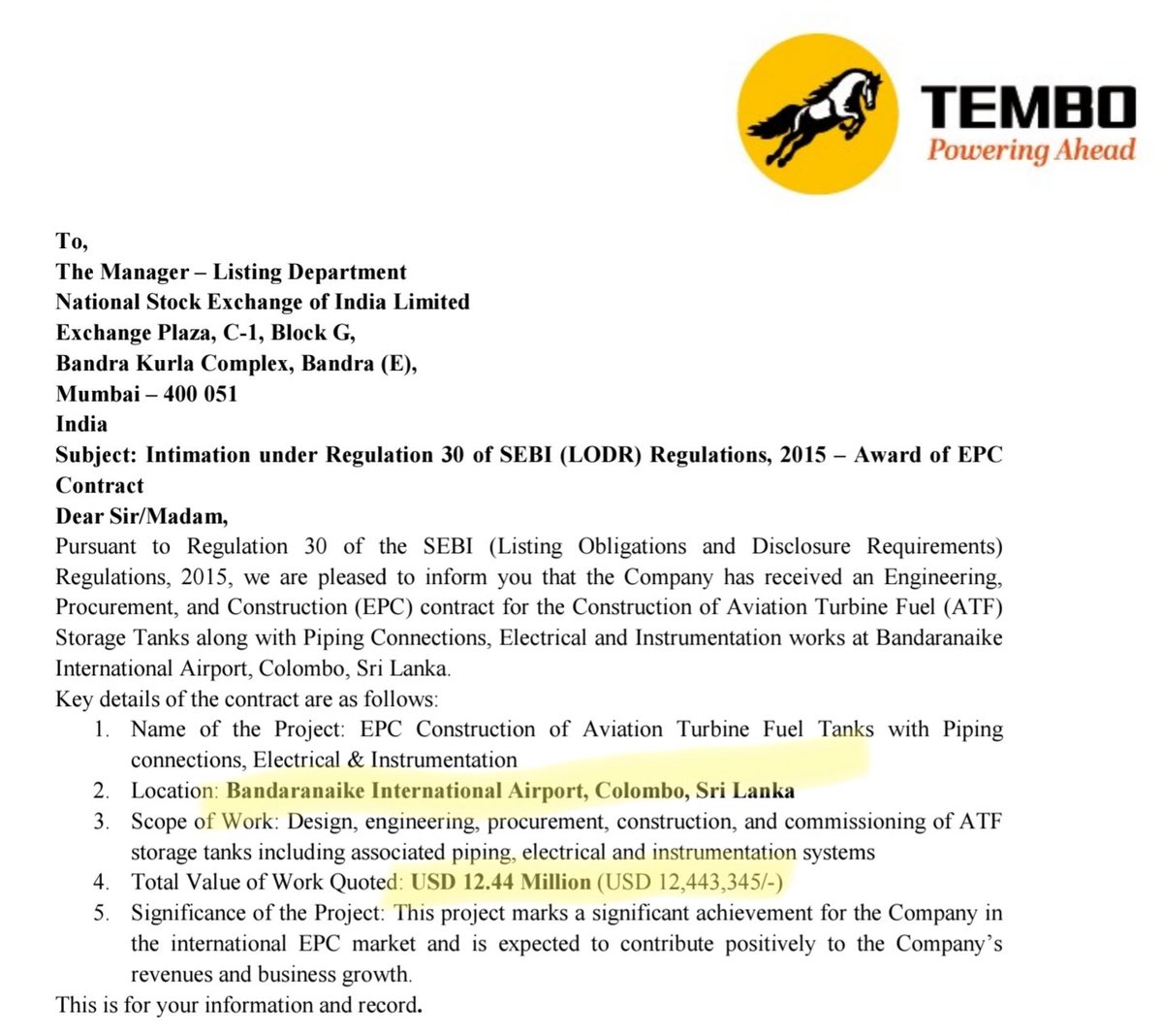 Tembo Global has received an international order of Aviation Fuel Storage Tank EPC work, worth ~108crore INR from Sri Lanka.
-
(Dis: invested and added today as well).