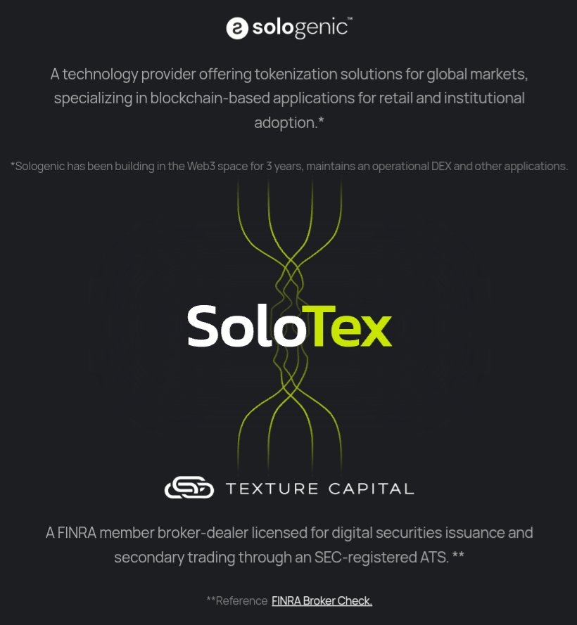 $Solo partnered with  SoloTex Texture Capital FINRA member broker-dealer licensed for digital securities issuance and secondary trading through an SEC-registered ATS.

#Sologenic with only 400M max limited supply &amp; 218K Holders on #XRP ledger.