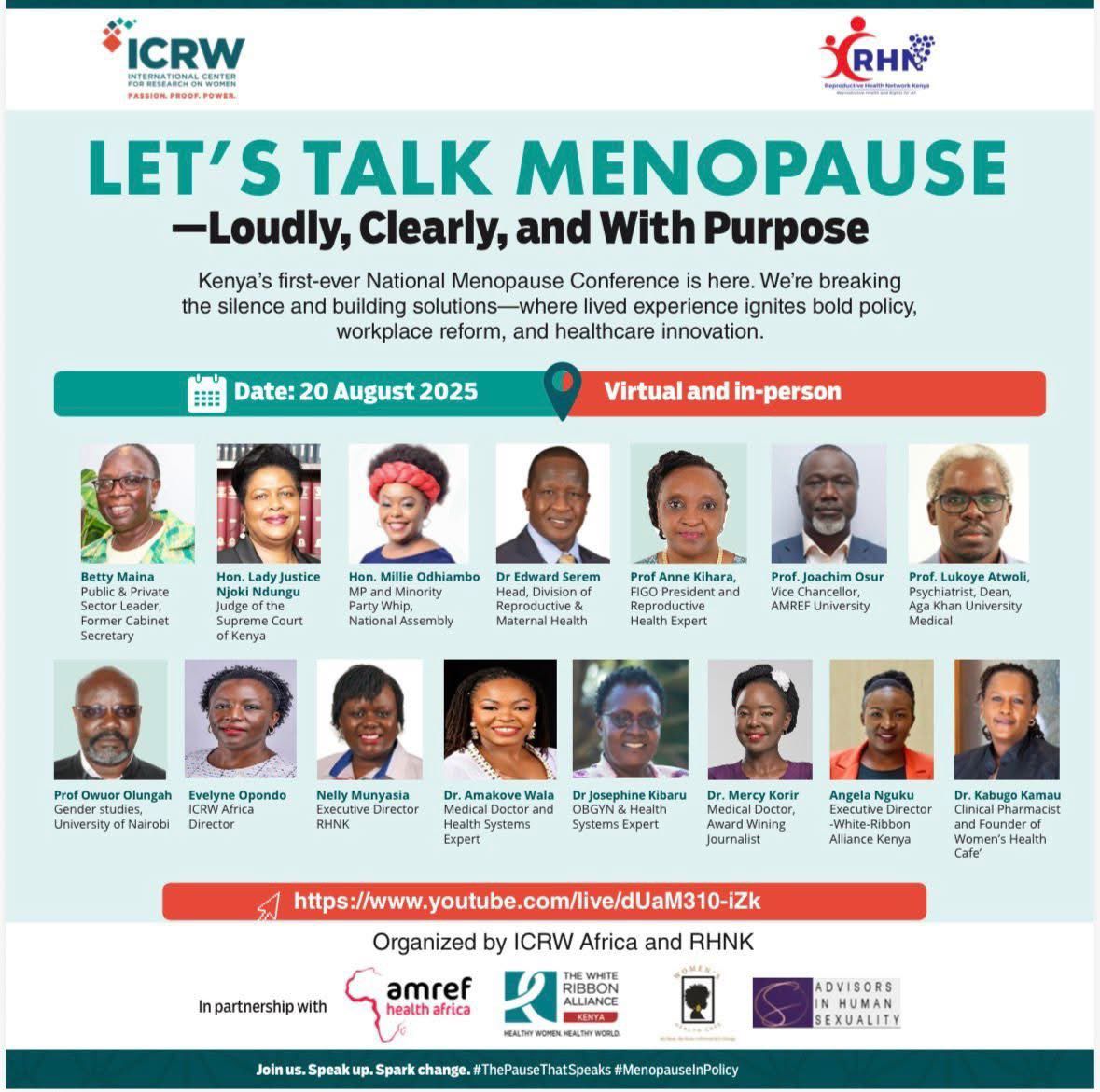 Puritymigwi6's tweet photo. The stage is set. On 20 Aug 2025, thought leaders, advocates, and experts will come together at the #MenopauseConference to turn lived experiences into bold reforms. Their voices will shape policies, workplaces, and healthcare systems for years to come.
#RHNK4SRHR #RHNKImpact https://t.co/fFyiN44KdC