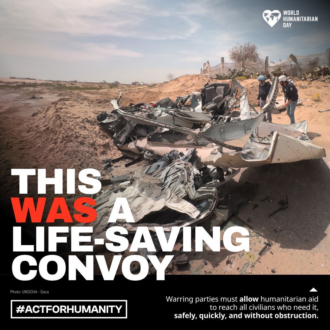 reliefweb's tweet photo. This #WorldHumanitarianDay we renew our call: 

Respect the rules of war. Protect those who protect humanity. End impunity – or stand condemned by history.

The world is watching. #ActForHumanity – now.

@UNOCHA https://t.co/jr2XOx9RHj