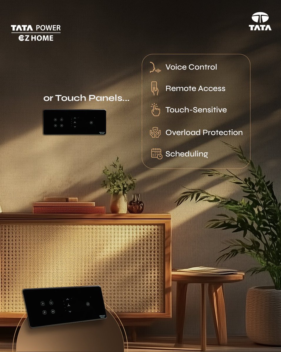 TataPower's tweet image. Tata Power EZ Home's retrofit switches and touch panels bring seamless control to your fingertips, anytime, anywhere.

#SmartLiving #TataPowerEZHome #InnovativeTech #HomeAutomation #EnergyEfficiency #SmartSolutions #ModernLiving #ConnectedHome #EZHomeMagic #SustainableLiving