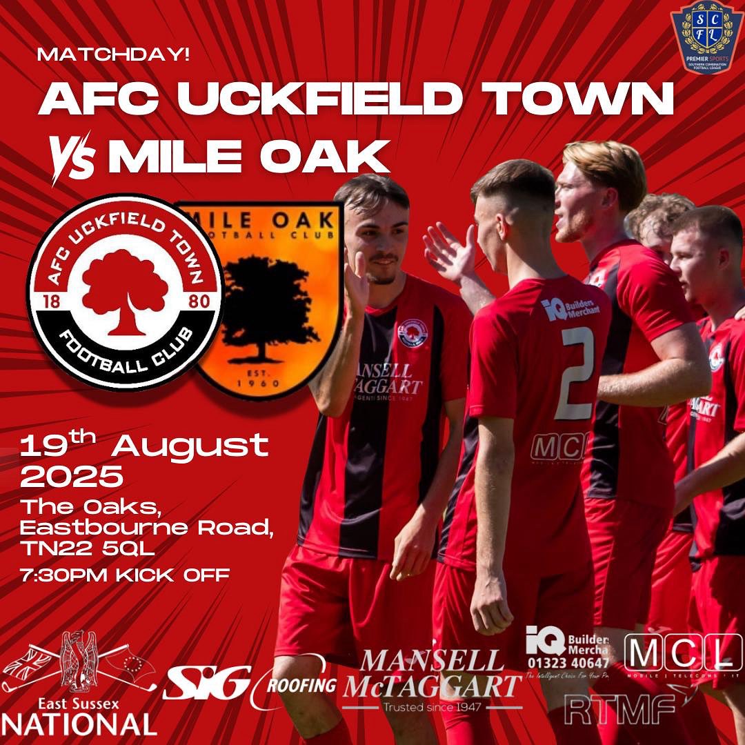 AfcUckfieldTown's tweet photo. 📣 SCFL Game Day 3 – Tonight!
Kick-off: 7:30 PM at The Oaks ⚽

Get down to support @alexharris_2311 and the lads as @AfcUckfieldTown take on @mileoak_fc! 🔴⚫️

Undefeated in their first two games, the boys are fired up and hungry for their first 3 points of the season. 

Let’s pack The Oaks and push them over the line! 💪

Don’t miss it – be part of the energy.
#SupportLocalFootball #SCFL #nonleague