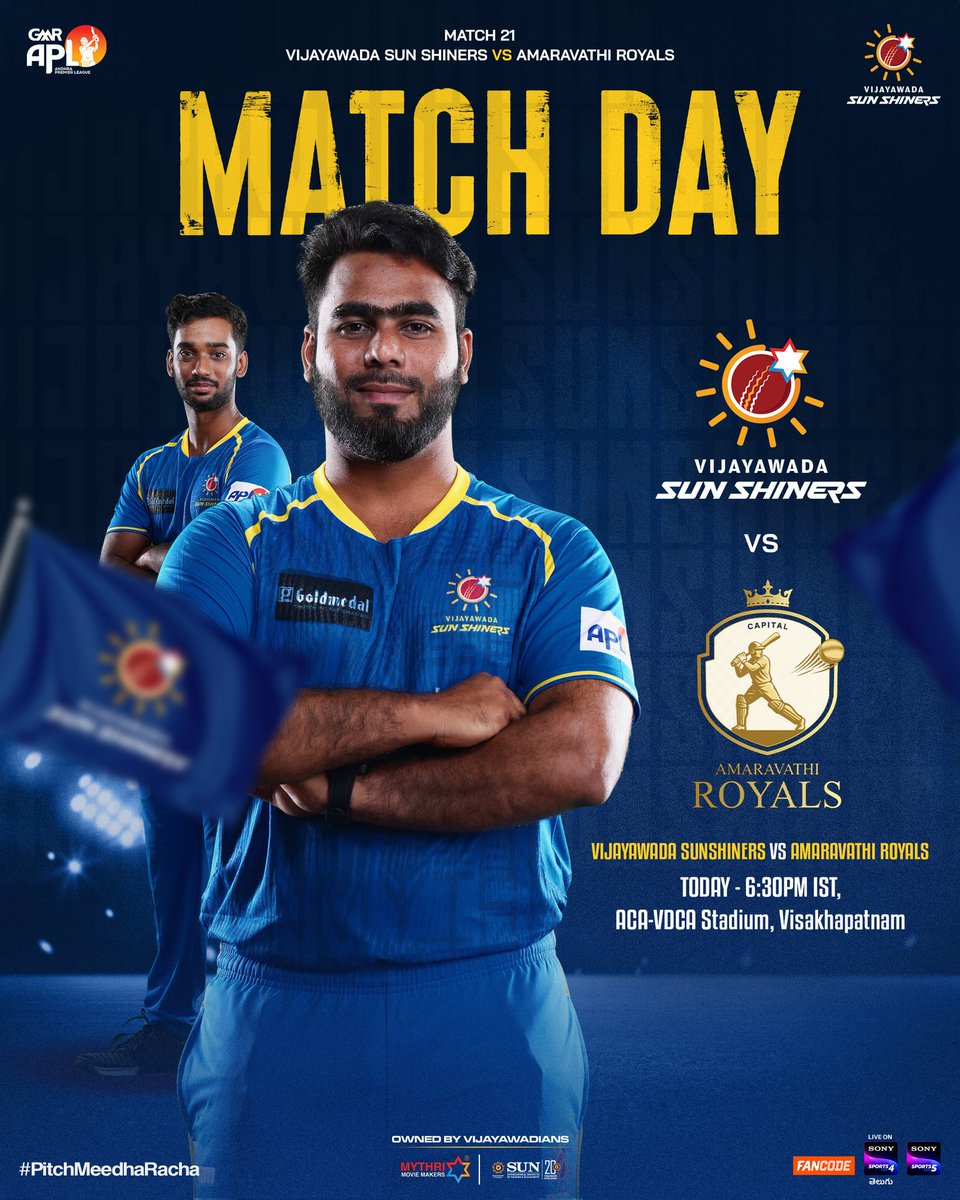 Match day today and we take on the #AmaravathiRoyals ❤‍🔥

We've not been at our best since the last few matches, time to pull up our socks and win this one.

Match begins at 6.30 PM today.

<a href="/vjasunshiners/">Vijayawada Sun Shiners</a> <a href="/MythriOfficial/">Mythri Movie Makers</a> @andhrat20league #SunInternationalInstitute
#APL2025