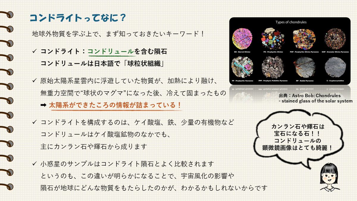 JAXA_curation's tweet image. 【#うたちゃん勉強日記】
こんにちは！キュレーション新人の #うたちゃん です♪
皆さん、隕石がどこからやってきたのか考えたことはありますか？
今日のテーマは、「隕石の正体は？」「コンドライト」です✨
隕石と小惑星と、そして地球の生命には大きな繋がりが⁉