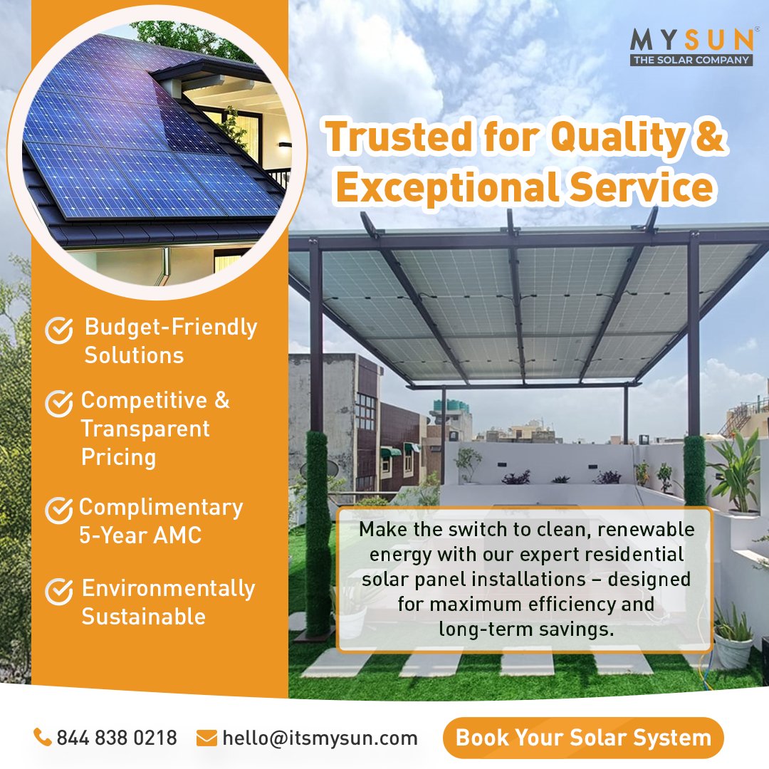 MYSUNIndia's tweet photo. Looking for a solar setup that’s cost-effective, clean, and long-lasting?
 We’ve got you covered—plus a free 5-year AMC to keep it worry-free.
 Let’s power up your home, beautifully

#SolarForHomes #SolarExperts #MYSUNIndia https://t.co/HK7zZ0AYTy