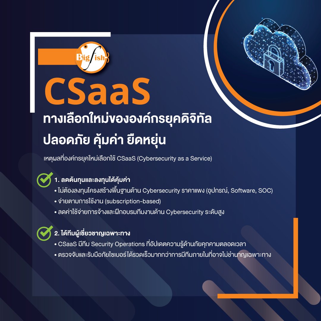 BigFishThai's tweet image. “CSaaS: ทางเลือกใหม่ขององค์กรยุคดิจิทัล ปลอดภัย คุ้มค่า ยืดหยุ่น”🛡
อ่านข้อมูลเพิ่มเติมได้ที่⬇
bigfish.co.th/mssp/

#BigFish #Cybersecurity #CSaaS #CybersecurityAsAService #BusinessSecurity #CyberDefense #DigitalTrust #DataProtection #CyberResilience #ManagedSecurity