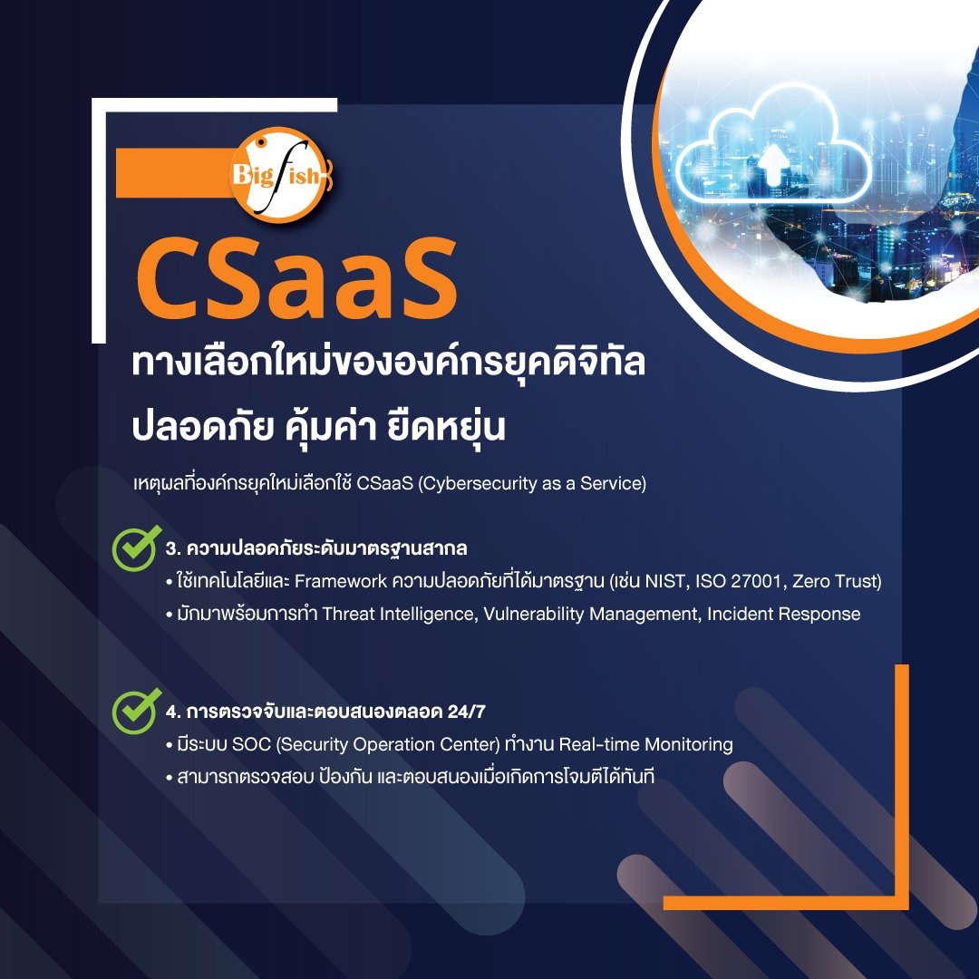 BigFishThai's tweet image. “CSaaS: ทางเลือกใหม่ขององค์กรยุคดิจิทัล ปลอดภัย คุ้มค่า ยืดหยุ่น”🛡
อ่านข้อมูลเพิ่มเติมได้ที่⬇
bigfish.co.th/mssp/

#BigFish #Cybersecurity #CSaaS #CybersecurityAsAService #BusinessSecurity #CyberDefense #DigitalTrust #DataProtection #CyberResilience #ManagedSecurity