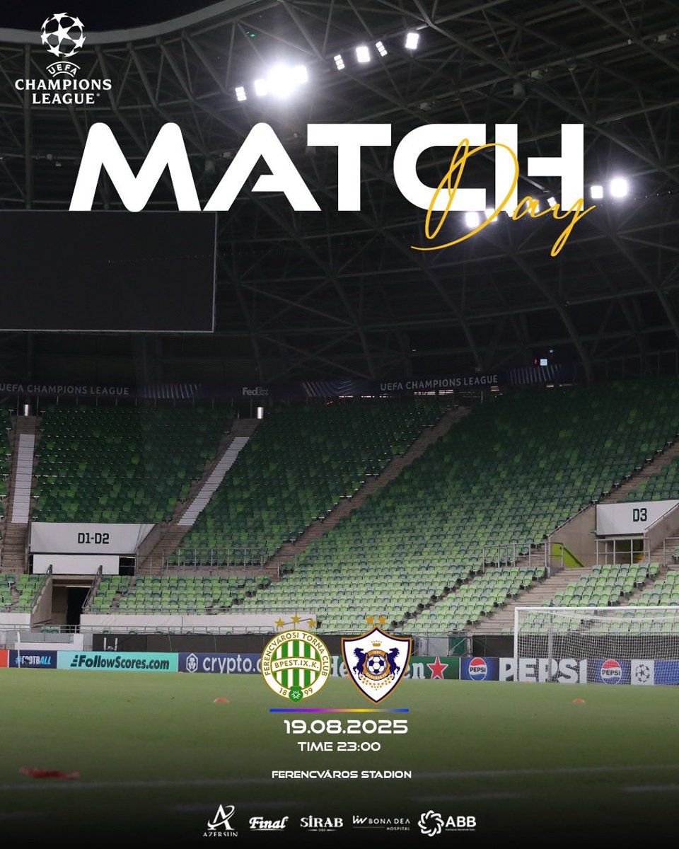 Bu gün Pley-off oyunumuza çıxırıq ✨

⚽️ "Ferensvaroş" 🆚 “Qarabağ”
🗓️ 19 avqust
🕢 23:00
🏟️ Ferencváros Stadion
📺 CBC Sport

#QarabağFK #UCL