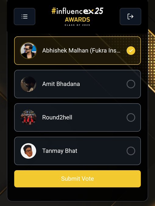✨InfluencEx25 AWARDS 2025 ✨

Vote for Abhishek Malhan (Fukra Insaan)🐼

Nominated in:
🏆 YouTuber of the Year (Male)
🏆 InfluencEX Creator of the Year

Register your account by filling proper details and vote now to make him win 👇🔥

Link 🔗:- exhibit.social/voting-2025/po……