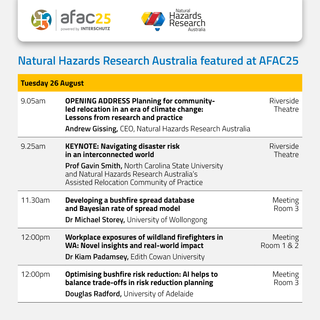 HazardsResearch's tweet photo. The countdown to #AFAC25 is on! One week to go 🎉

We're so excited to be an exhibitor and have a strong presence at the conference with more than 20 presentations featuring our research

Explore our network of researchers, end-users and staff presenting next week👇 https://t.co/maReFvezpc