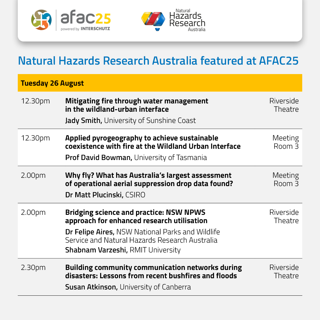 HazardsResearch's tweet photo. The countdown to #AFAC25 is on! One week to go 🎉

We're so excited to be an exhibitor and have a strong presence at the conference with more than 20 presentations featuring our research

Explore our network of researchers, end-users and staff presenting next week👇 https://t.co/maReFvezpc