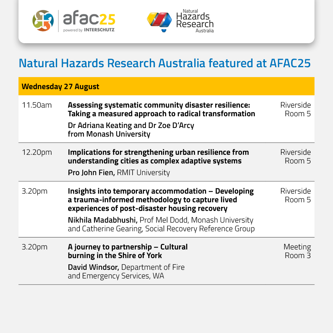 HazardsResearch's tweet photo. The countdown to #AFAC25 is on! One week to go 🎉

We're so excited to be an exhibitor and have a strong presence at the conference with more than 20 presentations featuring our research

Explore our network of researchers, end-users and staff presenting next week👇 https://t.co/maReFvezpc