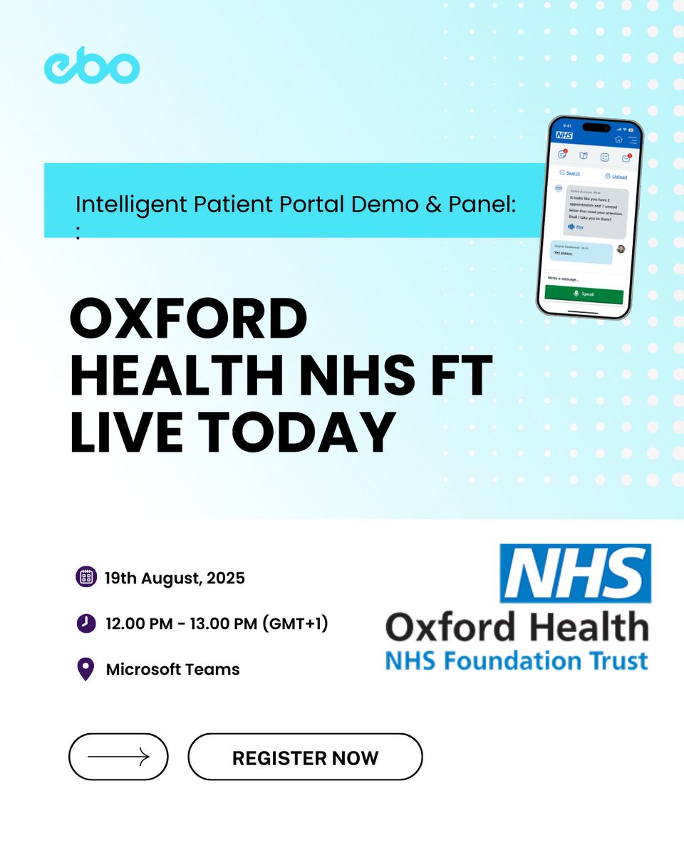 EBO (@ebo_ai) on Twitter photo 🎯 Happening TODAY!
<a href="/OxfordHealthNHS/">Oxford Health NHS FT</a> takes the spotlight with EBO in a live demo + panel on the Intelligent Patient Portal.
Why now? ⏳ Because the National Capital Funding window is about to close and this is your chance to see how NHS Trusts can move faster, smarter, and 🎯 Happening TODAY!
<a href="/OxfordHealthNHS/">Oxford Health NHS FT</a> takes the spotlight with EBO in a live demo + panel on the Intelligent Patient Portal.
Why now? ⏳ Because the National Capital Funding window is about to close and this is your chance to see how NHS Trusts can move faster, smarter, and