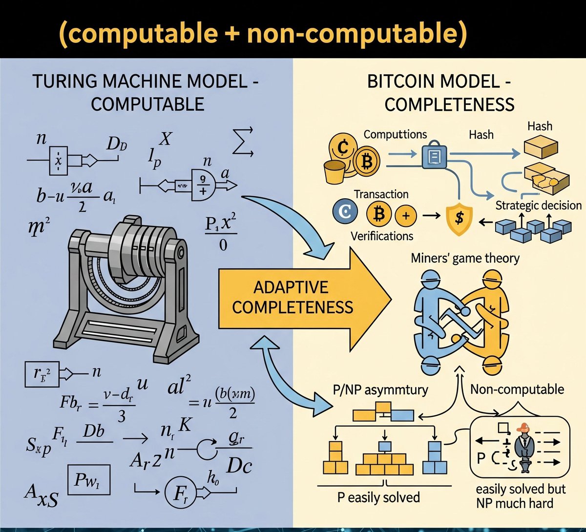 mehedi19365794's tweet photo. Bitcoin transcends Turing limits.Handles computable tasks like verification,adapts to non-computable dynamics via asymmetric P/NP.
Miner strategy drives outcomes,
human-machine adds unpredictability.Adaptive completeness achieved,
robust security beyond,world computer. #GEBdecode https://t.co/d5nLv4rajQ