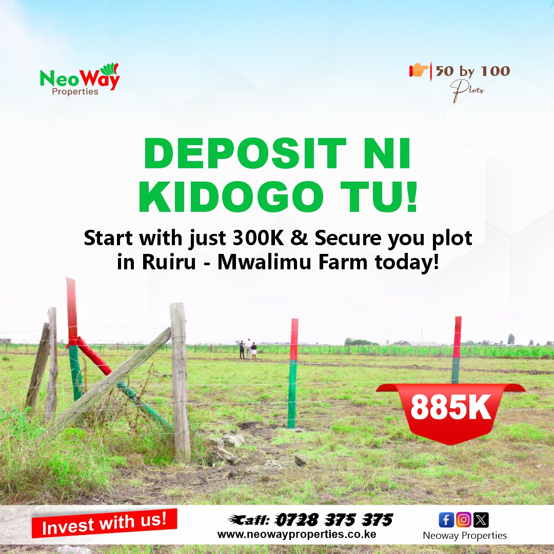Neowayltd's tweet photo. Deposit ni Kidogo Tu 📷 Start with just 300K and secure your plot in Ruiru - Mwalimu Farm only 1.5km from the tarmac 📷📷 #neowayproperties #mwalimufarmplots
📷 50 by 100 Plots with ready title deed
📷 Ready Individual title deed
📷 Ready for immediate settlment
𝗗𝗼𝗻'𝘁 𝗷𝘂𝘀𝘁 𝗱𝗿𝗲𝗮𝗺 𝗶𝘁, 𝗼𝘄𝗻 𝗶𝘁
📷 Call: 0728 375 375
📷 Visit: https://t.co/9BNZjyUstP