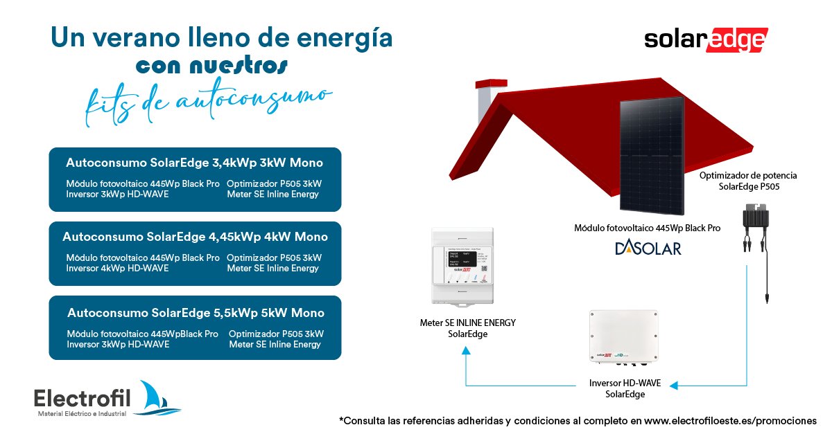 Últimos días de la campaña “Un verano lleno de energía”: soluciones completas de autoconsumo con inversores monofásicos y optimizadores  <a href="/SolarEdgePV/">SolarEdge</a>, que garantizan mayor producción y control de tu instalación.
¡Hasta el 31 de agosto!

Más información en electrofiloeste.es/promociones/pe…