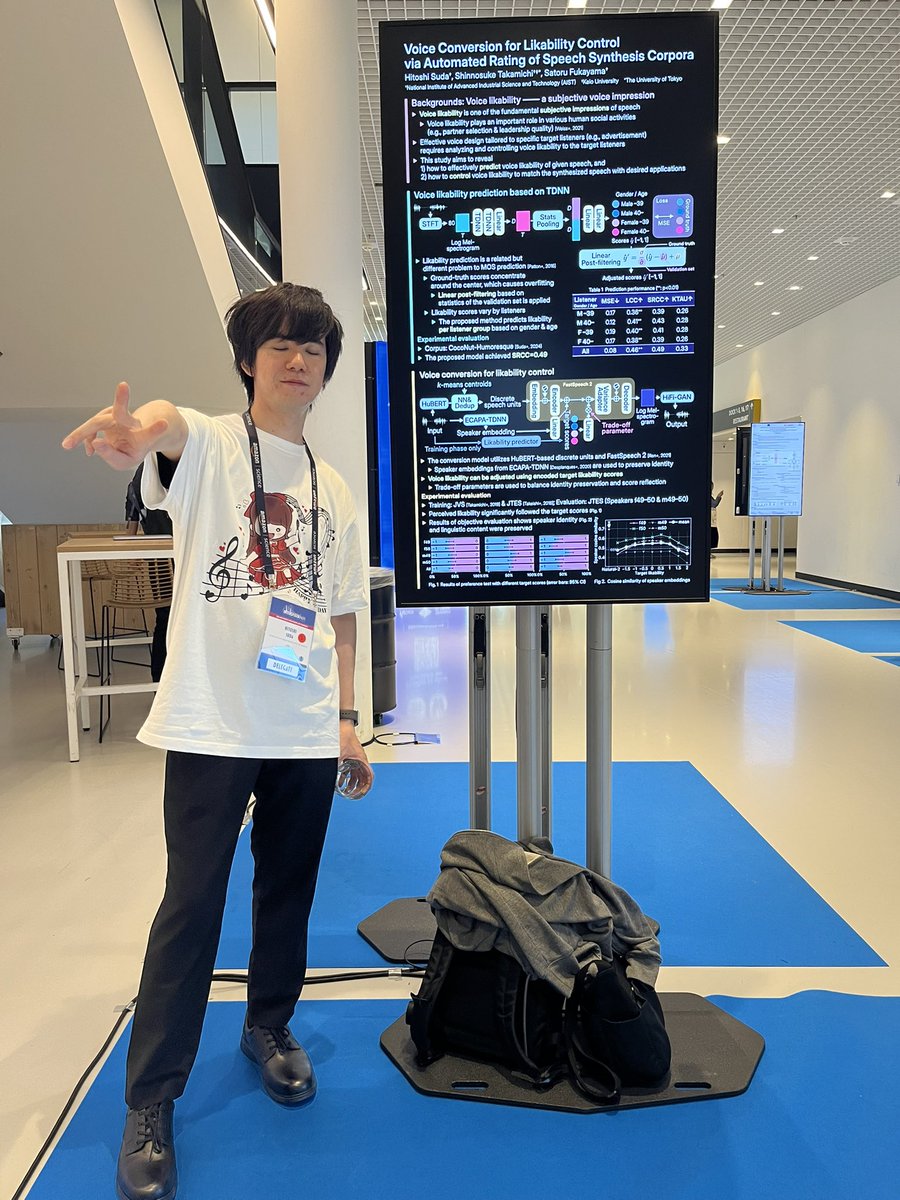 kyama0321's tweet photo. Suda-san (@sdhtsio) is presenting his research in the morning poster session: 
Voice Conversion for Likability Control via Automated Rating of Speech Synthesis Corpora #Interspeech2025

Tuesday, 19 Aug 2025
08:30 - 10:30
Foyer 2.2 - P6

https://t.co/3FFAJ1F8Xx https://t.co/MDneBoV49u