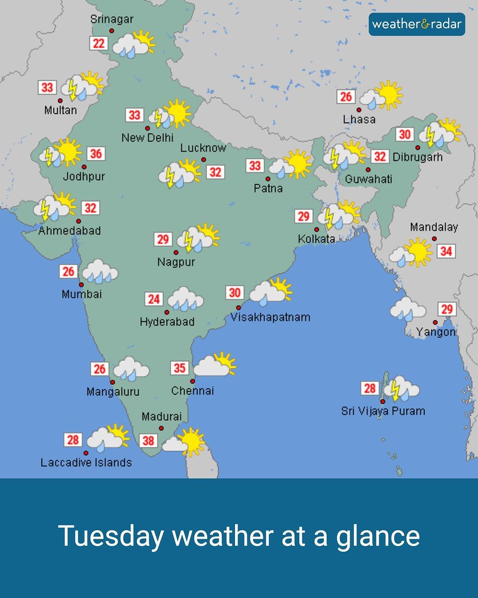 WeatherRadar_IN's tweet photo. Rain and thunderstorms continue across central and western parts with #Mumbai, #Nagpur, and #Hyderabad seeing showers today.
#TuesdayWeather https://t.co/QIwATwNrh9
