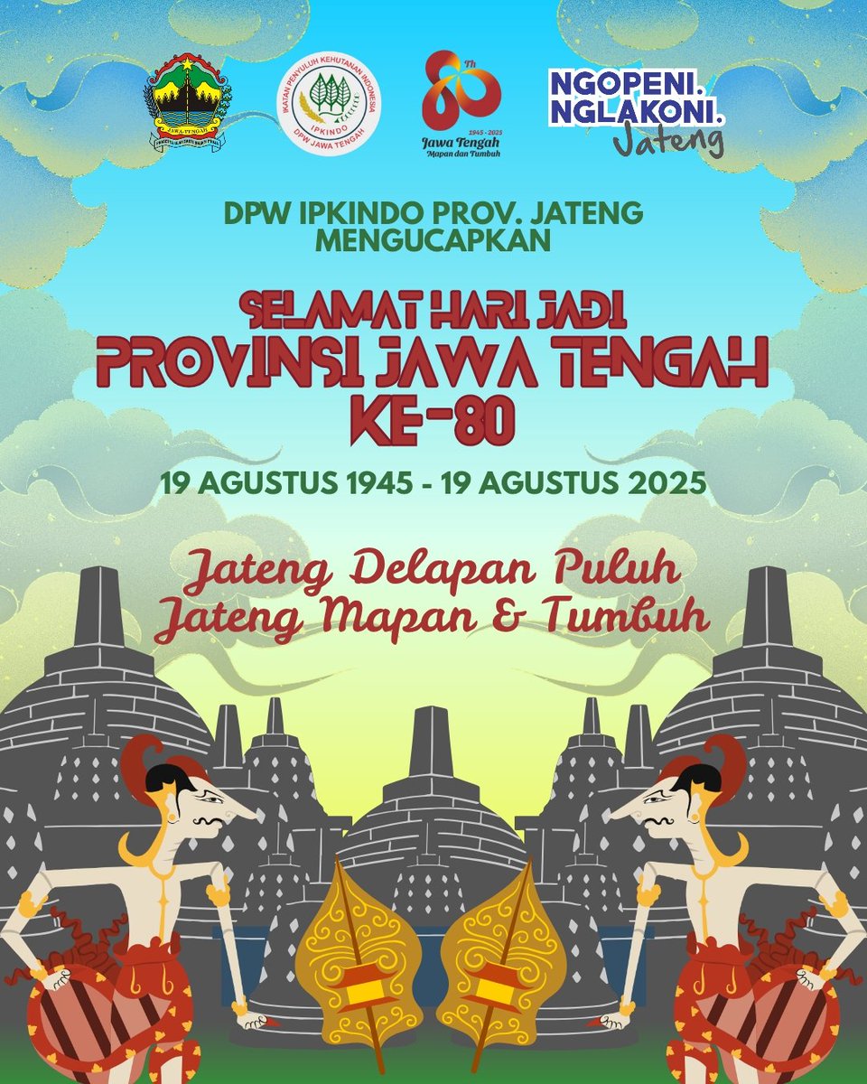 ipkindo_jateng's tweet photo. Selamat Hari Jadi Ke-80
Provinsi Jawa Tengah
19 Agustus 1945 - 19 Agustus 2025
Jateng Delapan Puluh
Jateng Mapan dan Tumbuh
.
@dlhkprovjateng
@ahmadluthfi_official
@TajYasinMZ
.
#harijadiprovinsijawatengah #jawatengah #MapandanTumbuh #NgopeniNglakoni https://t.co/AENU9xoLHh