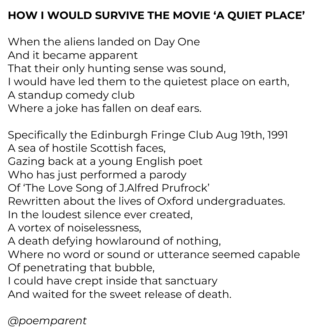 poemparent's tweet photo. A repost while memories of Edinburgh this year are still fresh. Saw 18 shows across the weekend, none with quite this silent a reaction. 

#edinburghfringe #edfringe2025 #fringeclub #edinburghfringefestival #poetry #poemoftheday #poemaday #poetrycommunity 
#poem #dailypost https://t.co/6VrmakDFVM