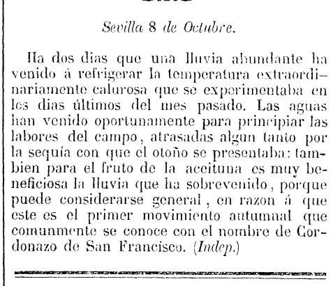 Noticia de la 'temperatura extraordinariamente calurosa' a finales de septiembre de 1847, en Sevilla, y la lluvia que vino oportunamente a refrigerar el ambiente...