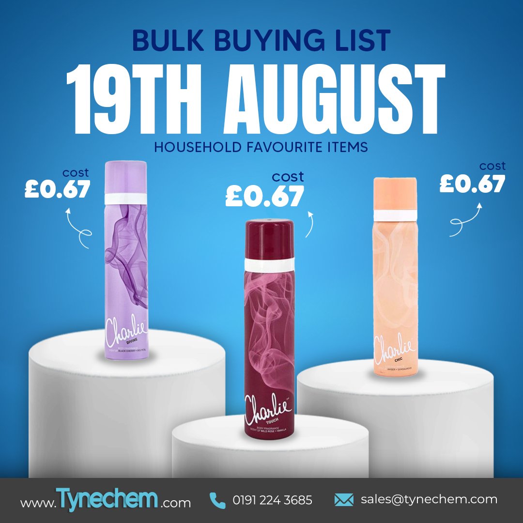 🛒 Tynechem’s 19th August Bulk Buy List is out now!

Check out our Charlie Body Spray range – available in Chic, Divine &amp; Touch.

📥 Download the full list today:
👉 tynechem.com/wp-content/upl…
#Tynechem #BulkBuy #Charlie #BodySpray #PharmacySupplies #RetailStock