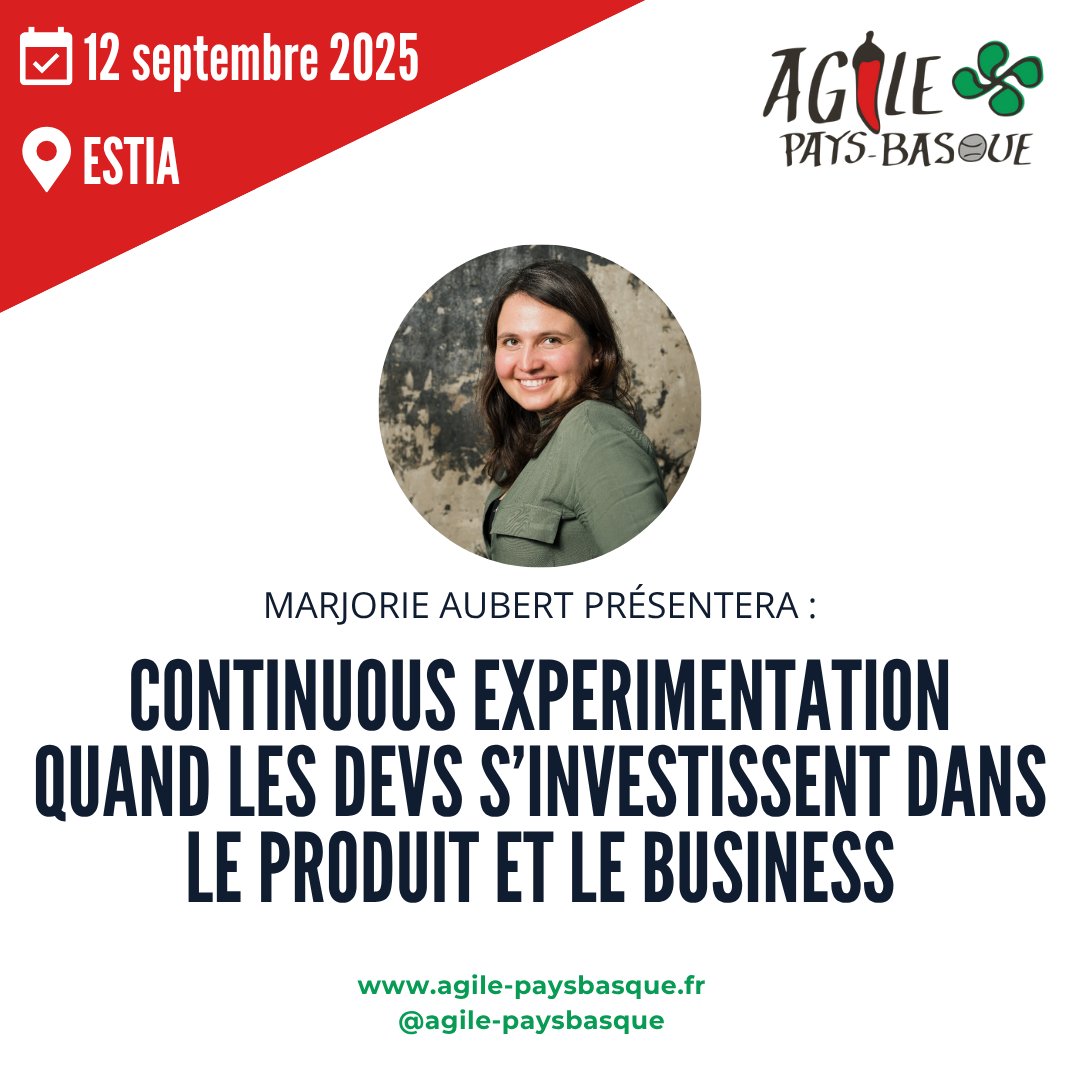 agilepb's tweet image. 🎤 Marjorie Aubert sera sur scène à Agile Pays Basque 2025 !
🗣️ Talk : "Continuous experimentation quand les devs s’investissent dans le produit et le business"
👉 La billetterie : helloasso.com/associations/a…
👉 Le programme : agile-paysbasque.fr/programme/