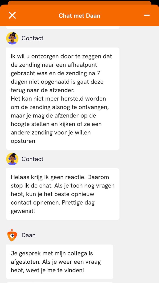 Als je na 5 minuten wachten op een reactie moet overstappen en daarna de chat weer na 2 minuten opent, zie je dat die is afgesloten vanwege “geen reactie” 🫤 <a href="/PostNL/">PostNL</a>