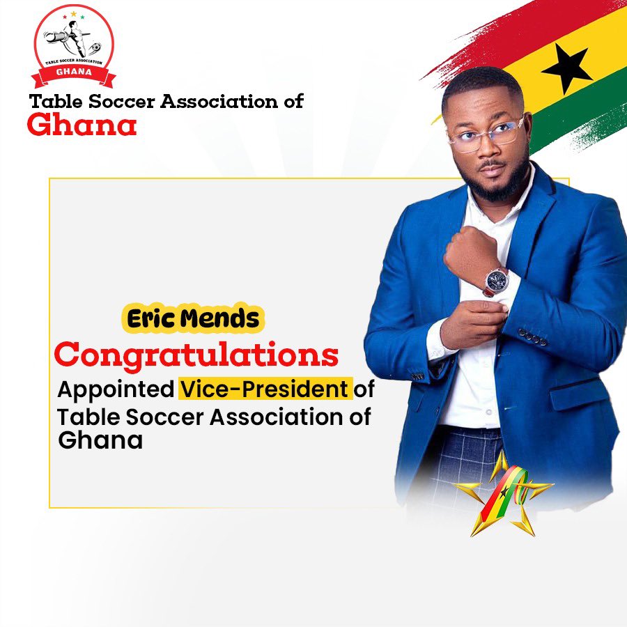 TableSoccer_GH's tweet photo. The Table Soccer Association of Ghana is pleased to appoint Eric Mends, an experienced Sports Administrator, as our new Vice President. ⚽🤝

His leadership &amp; expertise will be key in advancing our mission to develop table soccer nationwide. 🇬🇭✨ https://t.co/kLrqHPI0FC