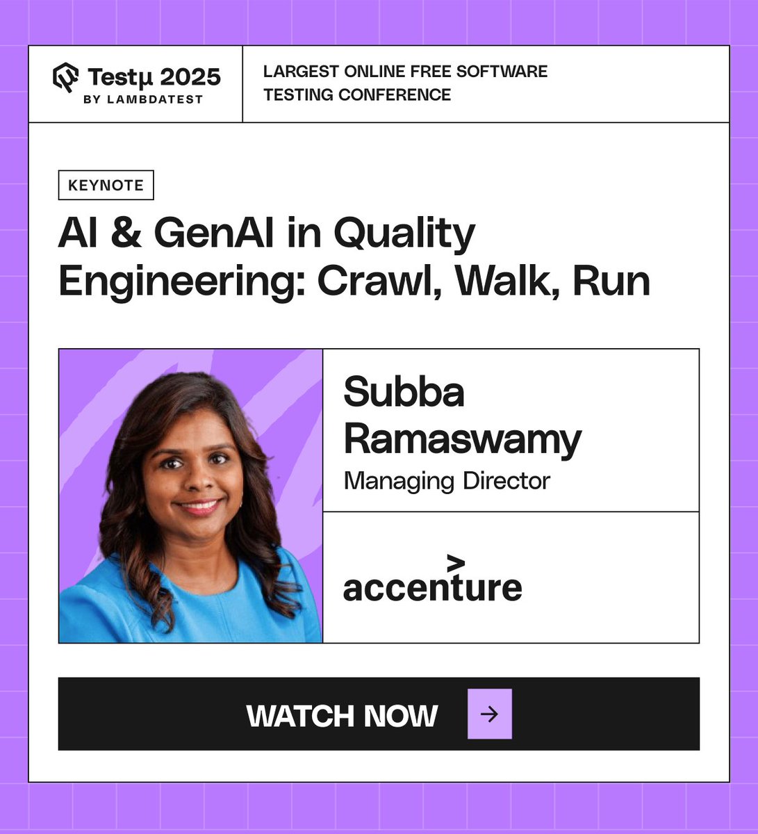 lambdatesting's tweet image. 🚀 Join Subba Lakshmi Ramaswamy, Managing Director at @Accenture, for an insightful session on "AI & GenAI in Quality Engineering: Crawl, Walk, Run"! Learn how to integrate AI into your quality processes step by step! 🤖🔗bit.ly/4oGcxIo
#TestMuConf2025 #LambdaTest